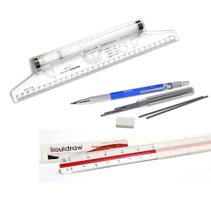 May include: A set of drafting tools including a clear parallel ruler, a mechanical pencil with lead refills, a triangular scale ruler, and an eraser. The parallel ruler has a built-in protractor and a sliding mechanism for adjusting the parallel lines. The triangular scale ruler has a red edge and the text "liquidraw Triangular Scale" printed on it.