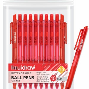 Pode incluir: Um pacote de 10 canetas esferográficas retráteis vermelhas com clip. As canetas são da marca liquidraw e têm uma ponta de 1,0 mm.