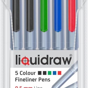Liquidraw Fineliner Pens Set Of 5 Fine Point Pens 0.5mm Fineliners Black Blue Red Green Coloured Pens School, Office, Artists, Architects