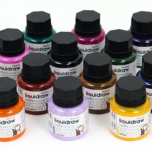 Liquidraw Coloured Drawing Ink Set India Ink, Waterproof, Set of 20 Assorted Colours, 35ml Indian Inks for Artists