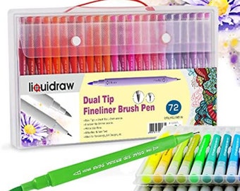 Liquidraw 72 Dual Tip Brush Pens Fineliner Colouring Set Fineliners Coloured Watercolour Markers In Case For Adult Colouring Books Drawing