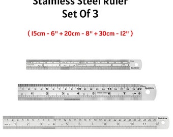 Liquidraw Steel Ruler Set of 3 Stainless Metal Ruler Cutting Sewing With Metric Imperial Measuring Engineers & Architects Combo 6"  8"  12"