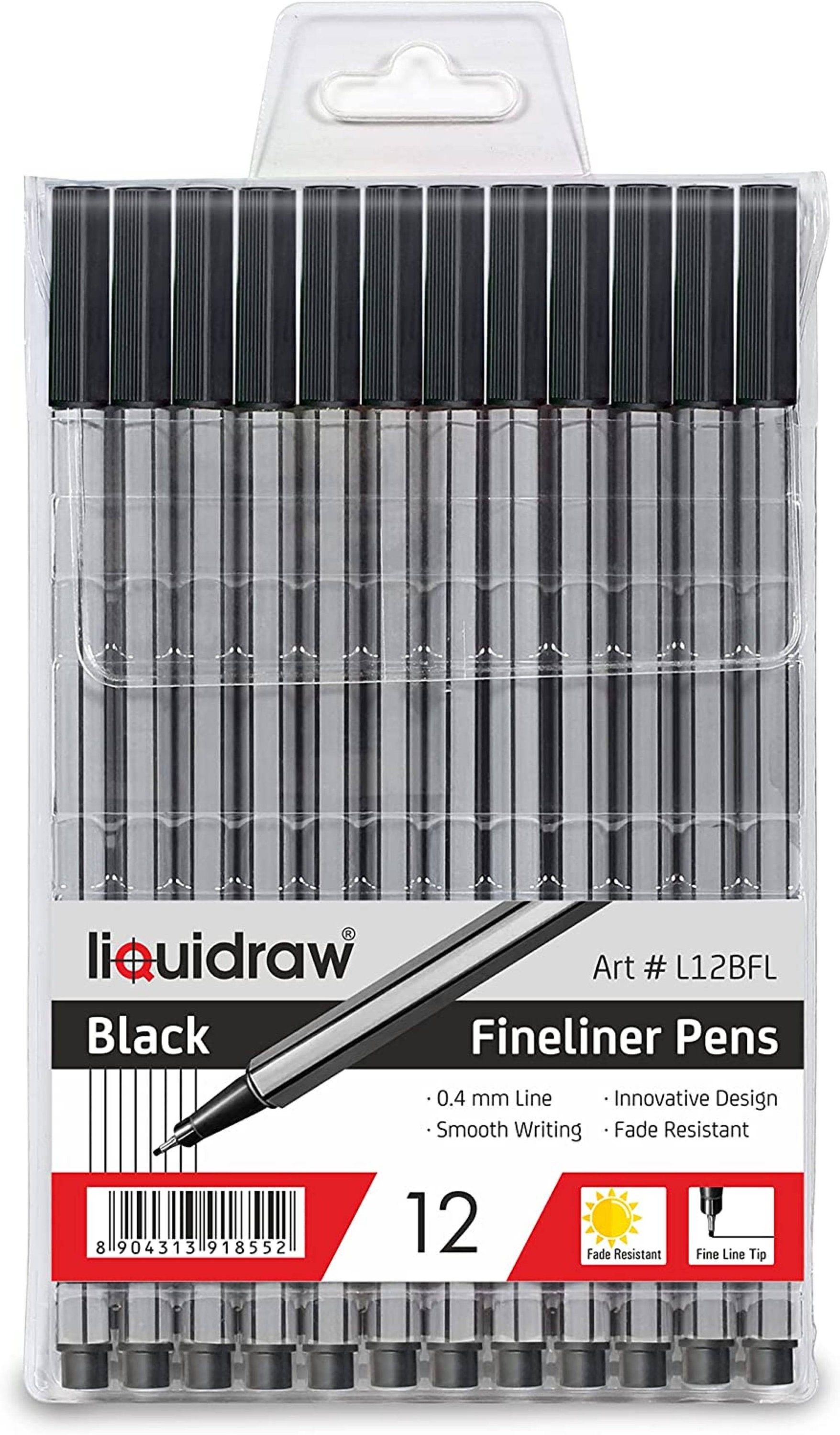 Liquidraw 12 Black Fineliner Pens Set Fine Point Pens 0.4mm Black