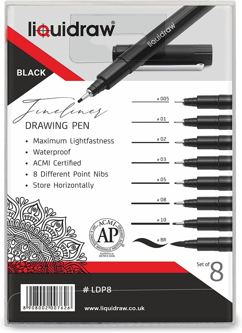 Liquidraw Drawing Pens Set Black Fineliner Set of 8 Waterproof Etsy UK