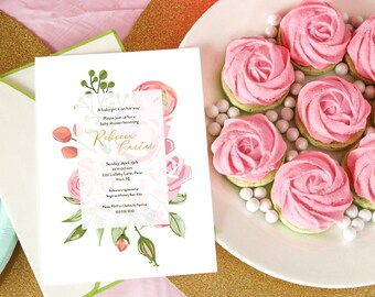Blush Pink Floral Baby Shower Invitation, Baby In Bloom Blush Pink & Gold Girl Baby Shower Printable, Spring Baby Shower