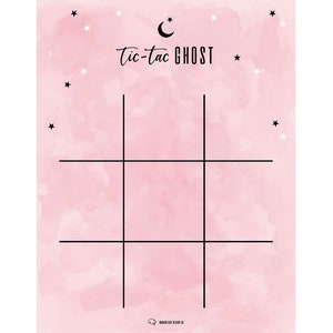May include: A pink and white watercolor background with black stars and a crescent moon. The text "Tic-tac GHOST" is written in black cursive. A black tic-tac-toe board is superimposed on the background.