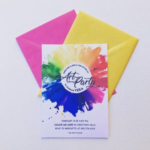 May include: Invitation to an art party for Vera. The invitation features a colorful watercolor background with a circle that says "Art Party to Celebrate Vera". The text on the invitation says "Dress for a mess & join us for an Art Party to Celebrate Vera. February 18 @ 4:00 PM. Color Me Mine in Crestview Hills. RSVP to Bridgette at 855.778.4343. *No gifts please."