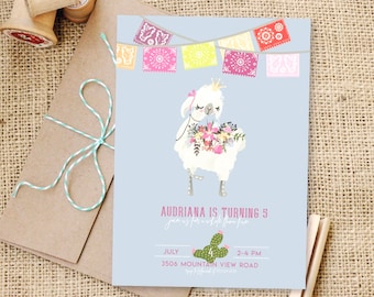 May include: A light blue invitation card featuring a cartoon llama wearing a crown and holding flowers. The card includes text that reads "Audriana is turning 5" and event details. Colorful banner flags are at the top.