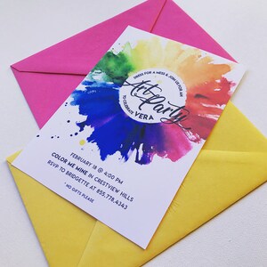 May include: A colorful invitation to an art party for Vera. The invitation features a watercolor design with a rainbow color scheme and the text "Dress for a mess & join us for an Art Party to celebrate Vera". The invitation also includes the date, time, location, and RSVP information.