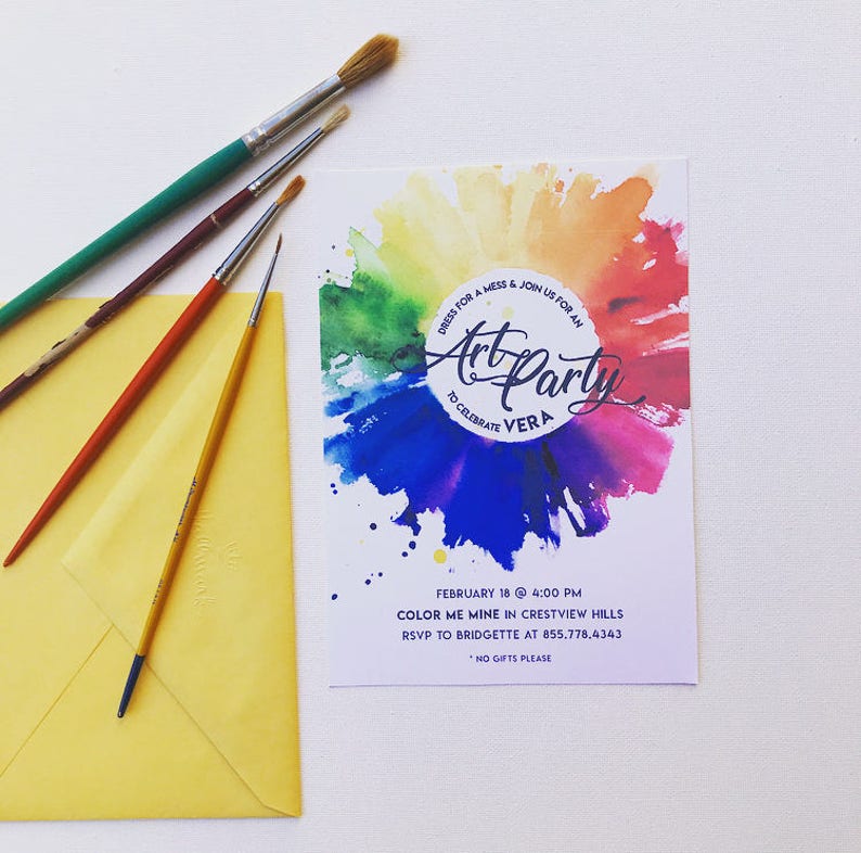 May include: Invitation to an art party to celebrate Vera. The invitation features a colorful watercolor design with the text "Dress for a mess & join us for an Art Party to celebrate Vera". The invitation also includes the date, time, location, and RSVP information.