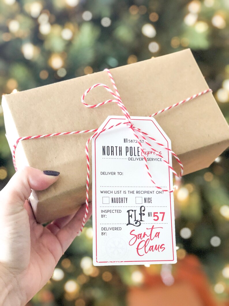 May include: A wrapped gift box with a red and white string tied around it. A tag reads "North Pole Express" with "Naughty" and "Nice" check boxes, and "Santa Claus" at the bottom. The box is held by a hand.