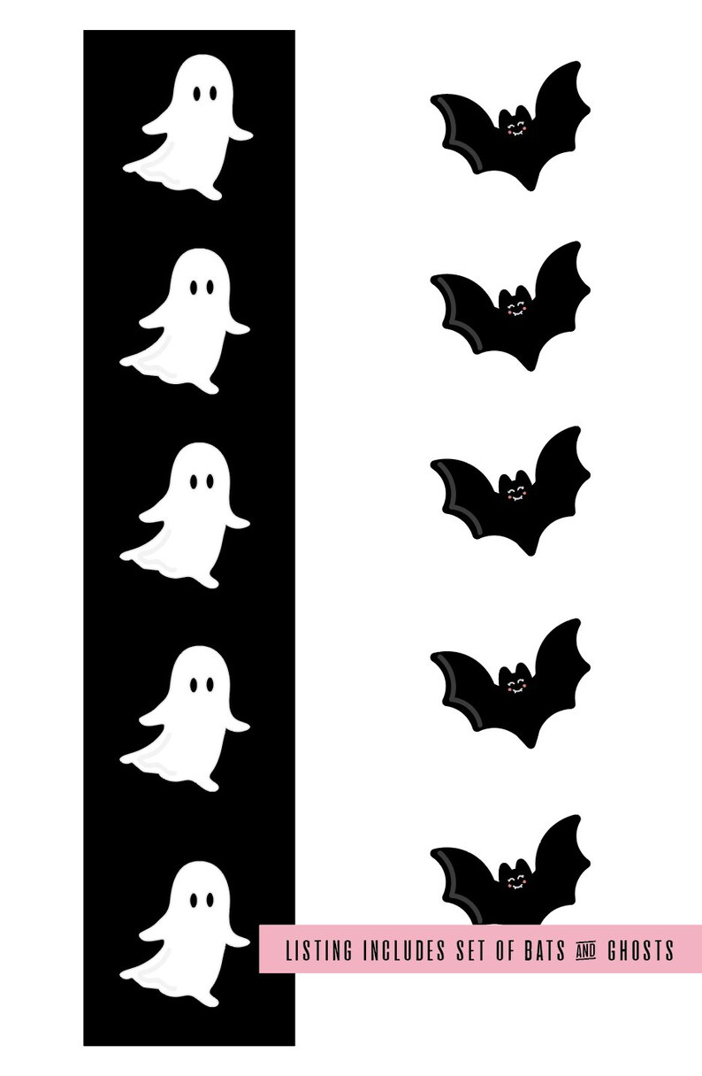 May include: A set of five black bats and five white ghosts with smiling faces. The bats are flying and the ghosts are floating. The text "LISTING INCLUDES SET OF BATS AND GHOSTS" is at the bottom of the image.