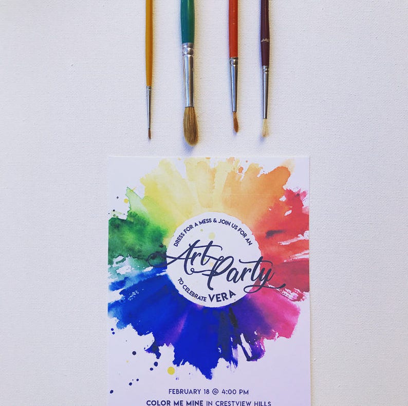 May include: Invitation to an art party to celebrate Vera. The invitation features a colorful watercolor background with a circle that says "Art Party" and "To Celebrate Vera". The text at the bottom of the invitation says "February 18 @ 4:00 PM, Color Me Mine in Crestview Hills".