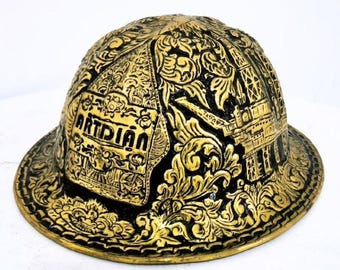 Custom Made Brass Hammered Hand Carved Full Brim Hard Hat