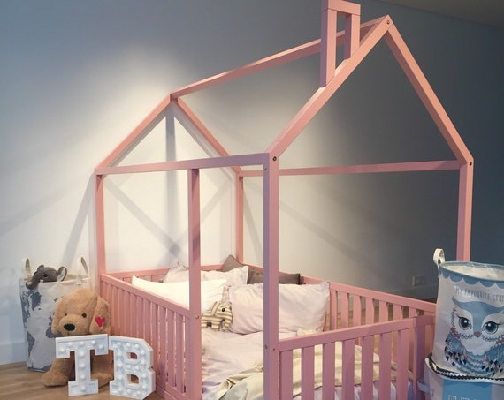 Birch Hardwood BED Twin Size Children bed, Toddler bed, House frame bed, Baby bed, Montessori play tent, Home bed, Bed frame with fence