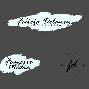May include: A logo design for a business called "Fempre Media" with the name "Felicia Delaney" written in cursive above the logo. The logo is a white brushstroke with the text "Fempre Media" written in black cursive. There is also a circular logo with the letters "fd" in black cursive inside a circle with the text "Fempre Media" written around the circle.