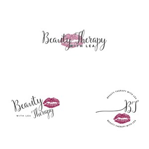 May include: Two logo designs for a beauty therapy business called "Beauty Therapy with Lea". The logo features a pink glitter lip print and the text "Beauty Therapy with Lea".
