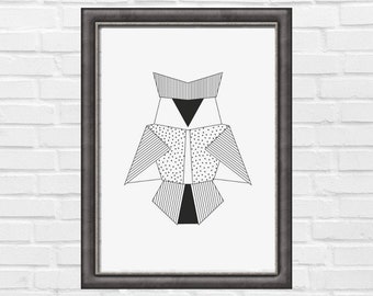 ORIGAMI POSTER OWL/Origami paper print/Printable origami/Origami wall art/Minimal poster/Geometric poster/Digital download print/Owl print