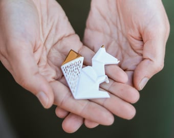 PORCELAIN  BROOCH SQUIRELL/Porcelain origami/Origami gold pin/Origami brooch/Porcelain pin/Origami squirell/Japaneese origami/Japaneese gift