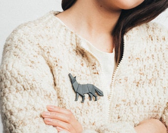 PORCELAIN  BROOCH WOLF /Black porcelain/Porcelain origami/Origami pin/Origami brooch/Porcelain pin/Japaneese origami/Porcelain wolf