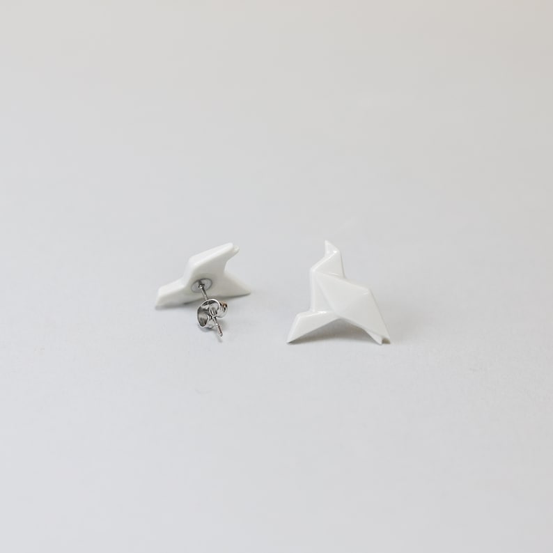 Minimalist Porcelain Dove Stud Earrings/Origami dove ceramic earrings/Japanese Origami Art Jewelry/Dainty Wedding Earrings image 2
