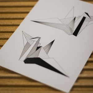 ORIGAMI POSTCARD CRANE/Black&white postcards/Minimalistic card/Geometric print/Minimalistic print/Paper print/Japaneese crane/Origami crane image 2