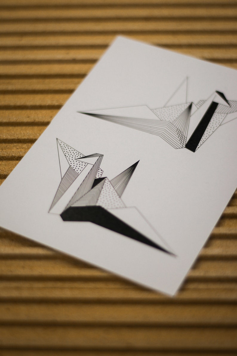 ORIGAMI POSTCARD CRANE/Black&white postcards/Minimalistic card/Geometric print/Minimalistic print/Paper print/Japaneese crane/Origami crane image 2