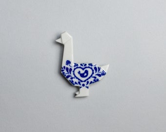 PORCELAIN  BROOCH DUCK/Porcelain origami/Origami pin/Origami brooch/Porcelain pin/Origami duck/Traditional decor/Folklore gift/ Traditional