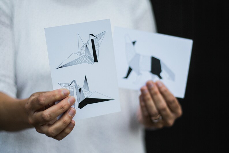 ORIGAMI POSTCARD CRANE/Black&white postcards/Minimalistic card/Geometric print/Minimalistic print/Paper print/Japaneese crane/Origami crane image 3