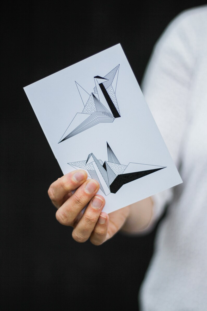 ORIGAMI POSTCARD CRANE/Black&white postcards/Minimalistic card/Geometric print/Minimalistic print/Paper print/Japaneese crane/Origami crane image 1
