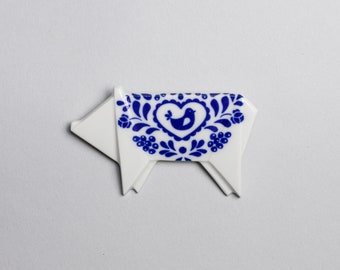 PORCELAIN  BROOCH PIG/Porcelain origami/Origami pin/Origami brooch/Porcelain pin/Origami pig/Folklore design/Porcelain pig/Traditional gift