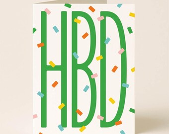 Birthday Card – Green HBD Design with Colorful Confetti