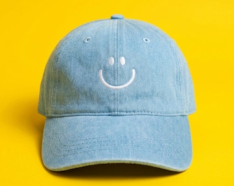 Embroidered Happy Face Denim Hat - Adjustable Cotton Baseball Cap