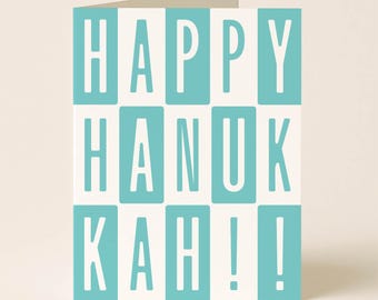 Happy Hanukkah Card, Blue Checkerboard Hanukkah Greeting Card, Modern Jewish Holiday Card for Friends or Family