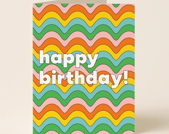 Wavy Happy Birthday Card: 70s Hippie Style Greeting Card