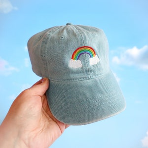 Rainbow Embroidered Denim Hat with Fluffy Clouds - Stylish and Comfortable Accessory for Everyday Wear