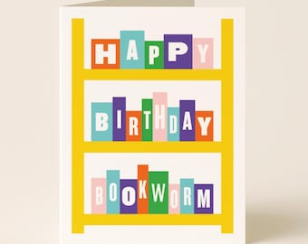 Bookworm Birthday Card: Illustrated Bookshelf, Reader Gift
