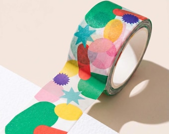 Wide Washi Tape – 25mm Matte Paper Tape – Colorful Fun Shapes – Journal Supplies