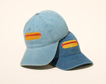 Hot Dog Hat – Embroidered Denim Dad Cap with Ketchup or Mustard