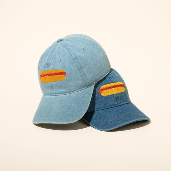 Hot Dog Hat – Embroidered Denim Dad Cap with Ketchup or Mustard