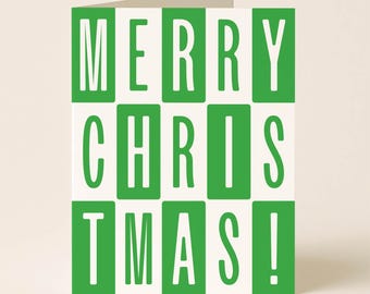Merry Christmas Card, Green Checkerboard Christmas Card, Modern Holiday Greeting Card for Friends Family Coworkers