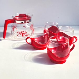 Vintage Red Glass Coffee Set: 70s Jug & West German Stackable Cups