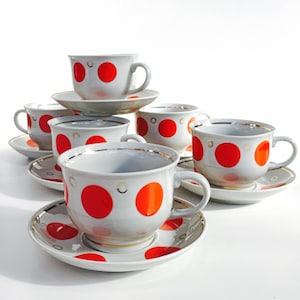 Vintage 60s Polka Dot Teacup Set: Orange Accent Cups and Saucers