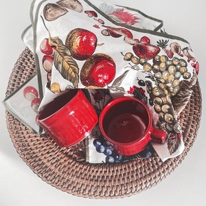 Vintage Red Ceramic Coffee Set with Fruit Motif Kitchen Towel – 1970s Retro Charm