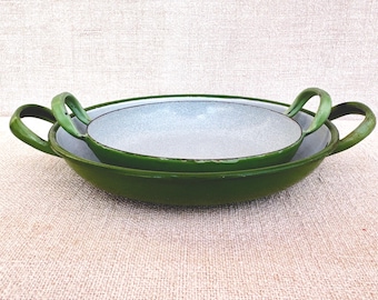 Sartenes esmaltadas vintage Smaragd: utensilios de cocina retro en verde y gris de los años 70