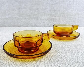 2 Tasses à Déjeuner Vereco Vintage Années 70 - Couleur Ambre, Avec Soucoupes - Occasion En Bon état