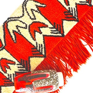 Vintage 70s Red Wall Tapestry with Long Fringe – Geometric Floral Boho Textile Art