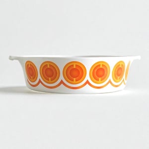 Cacerola esmaltada con patrón circular naranja de los años 70 (1 L/34 onzas líquidas), utensilios retro para hornear y servir