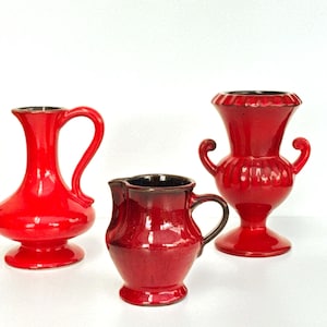 Mid Century Modern Red West German Vases – 1950s Jopeko, Fohr & Jug Vase Trio
