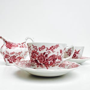 Vintage Ridgway Staffordshire &quot;Windsor&quot; Tea Set – Red Transferware Cups and Creamer – Made in England